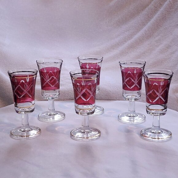 Cristallerie Artistiche Ruby Red Flashed Cordial Shot Glasses 6pc Set Italy 60s - Picture 4 of 8